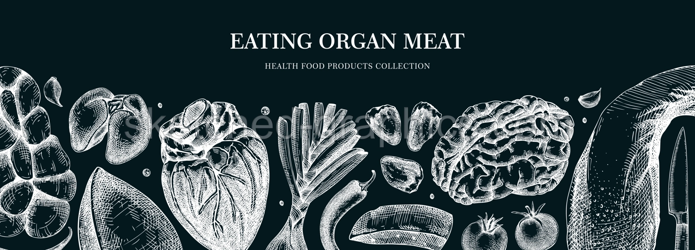 Organ meat banner. Liver, heart, kindle, tongue, offal. Internal organs, ingredients, meat product, healthy food sketch. Engraved vector food illustrations on chalkboard. Butchery design elements. Illustration